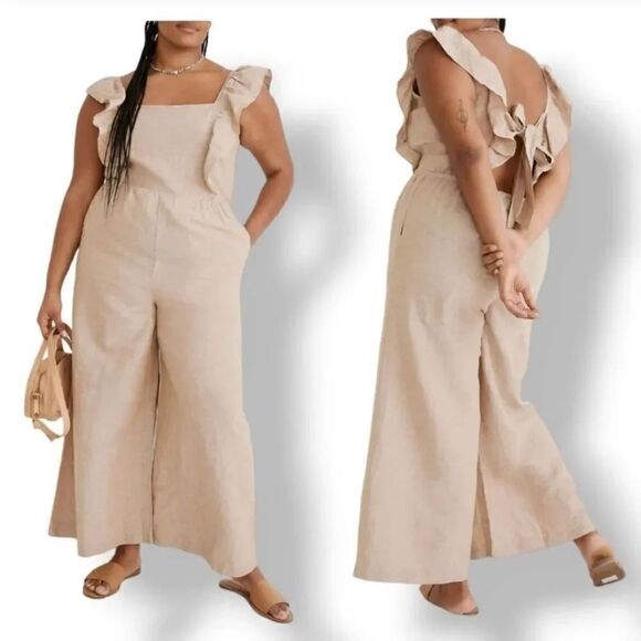 Madewell Linen Blend Ruffle Tie Back Wide Leg Jumpsuit in Seed Khaki Size 10 - Picture 2 of 12